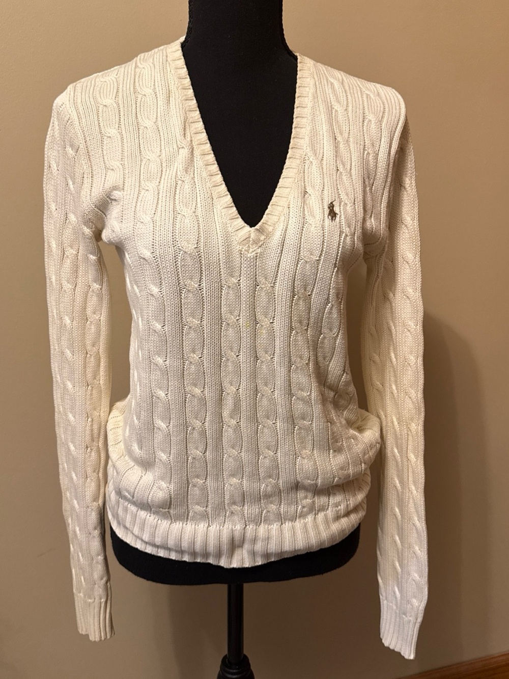 Ralph Lauren Ivory Cable-Knit V-Neck Sweater